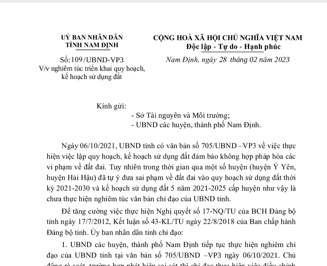 Văn bản chỉ đạo của UBND tỉnh Nam Định.