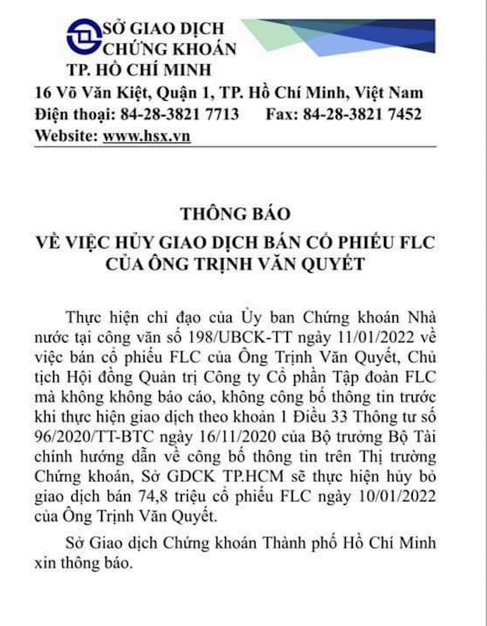 Thông báo của HoSE liên quan đến giao dịch chui của ông Trịnh Văn Quyết. 