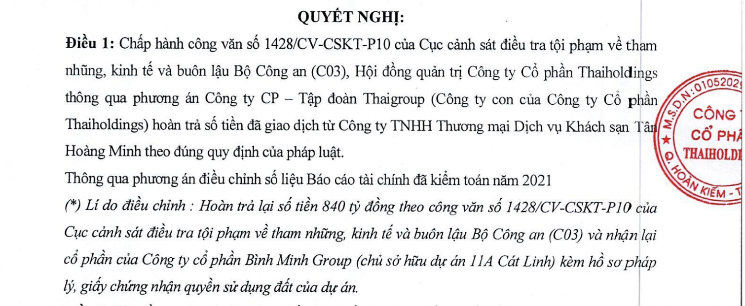 Nghị quyết của HĐQT Thaiholdings về việc nhận lại dự án 11A Cát Linh và hoàn trả 840 tỷ đồng cho Tân Hoàng Minh (Ảnh chụp màn hình).